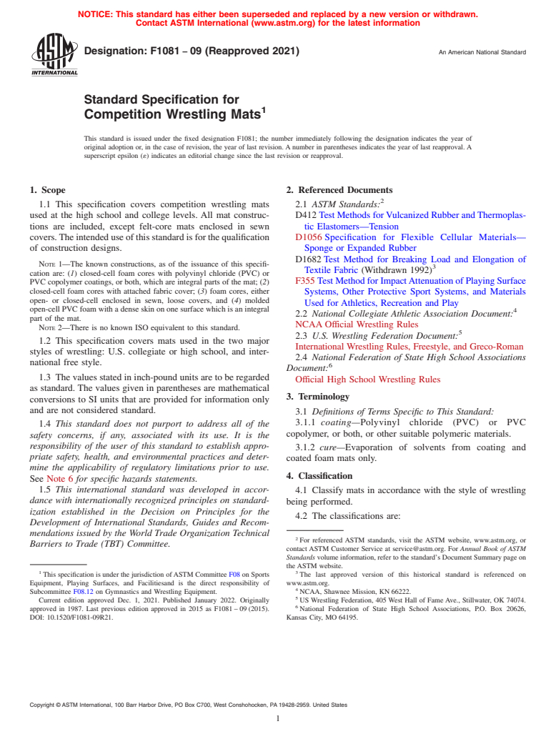 ASTM F1081-09(2021) - Standard Specification for  Competition Wrestling Mats