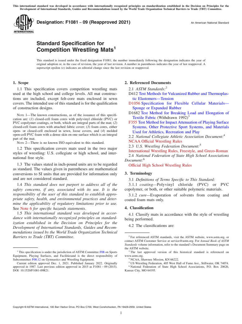 ASTM F1081-09(2021) - Standard Specification for  Competition Wrestling Mats