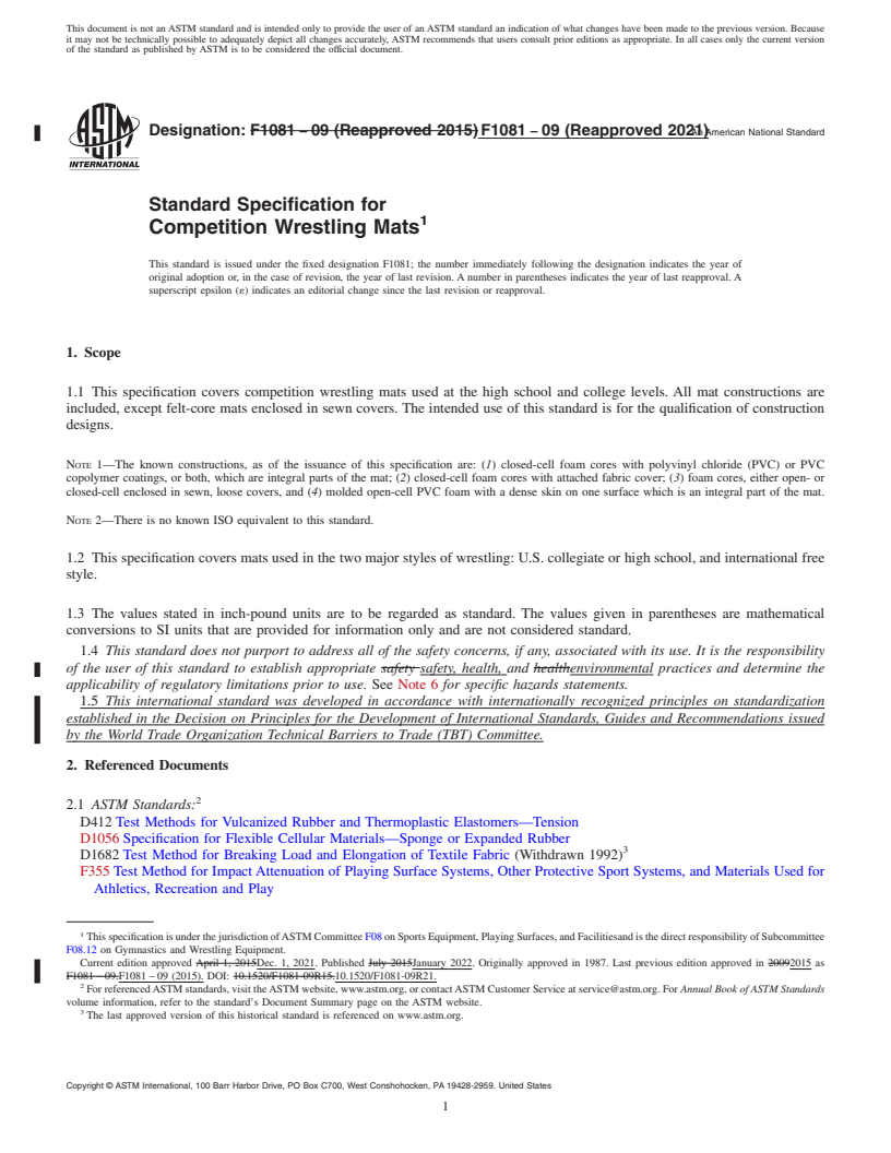 REDLINE ASTM F1081-09(2021) - Standard Specification for  Competition Wrestling Mats