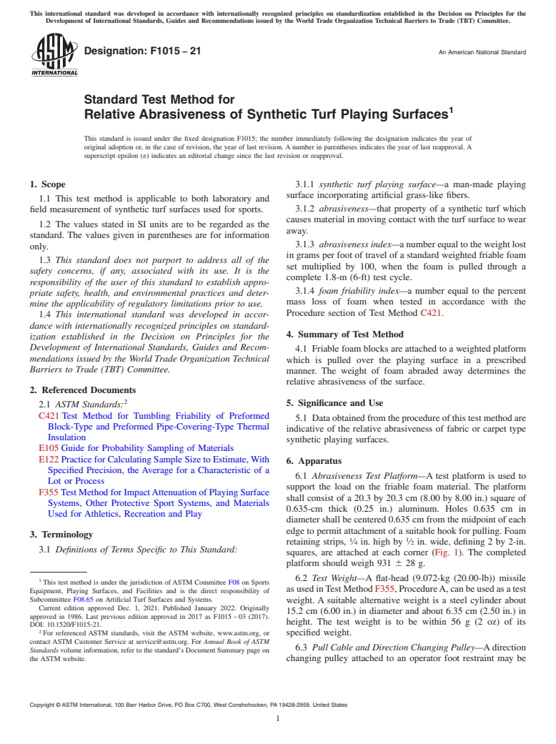 ASTM F1015-21 - Standard Test Method for  Relative Abrasiveness of Synthetic Turf Playing Surfaces