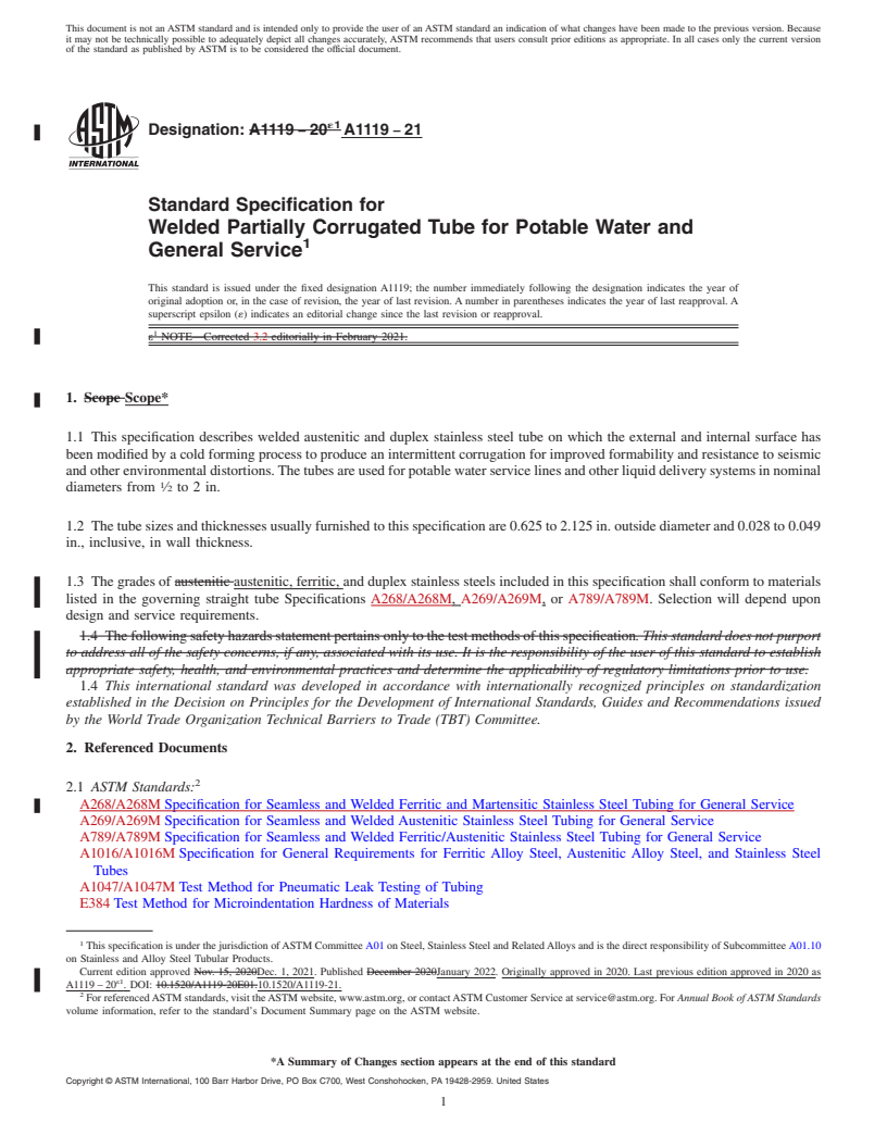 REDLINE ASTM A1119-21 - Standard Specification for Welded Partially Corrugated Tube for Potable Water and General  Service