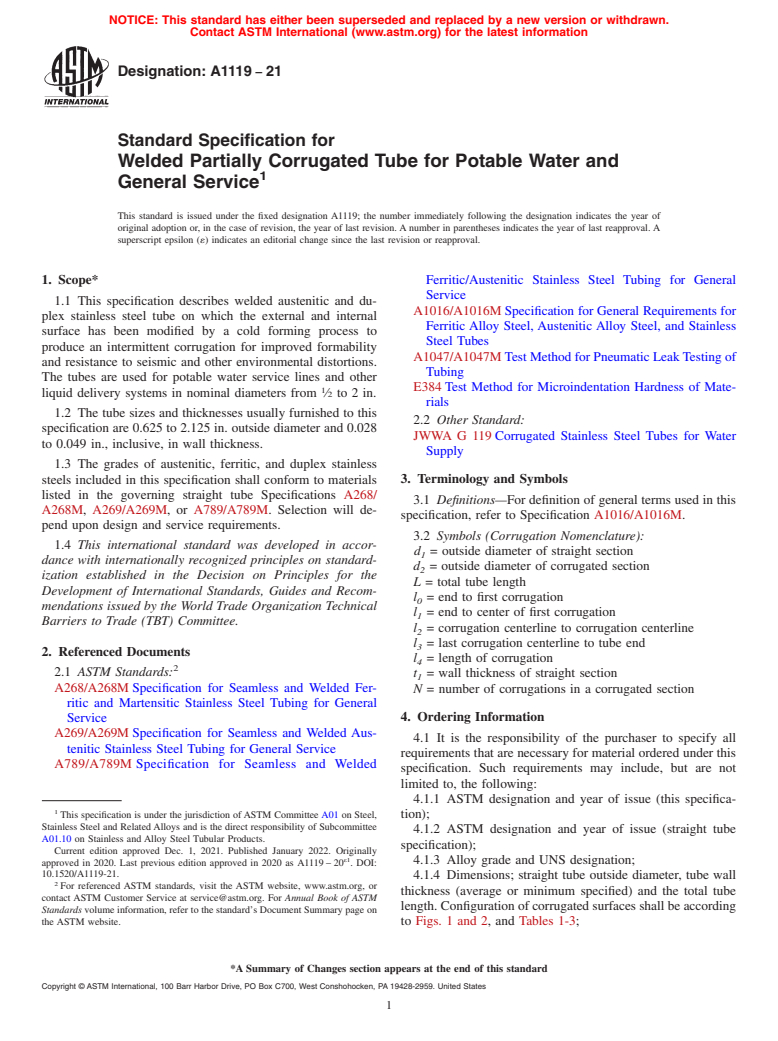 ASTM A1119-21 - Standard Specification for Welded Partially Corrugated Tube for Potable Water and General  Service