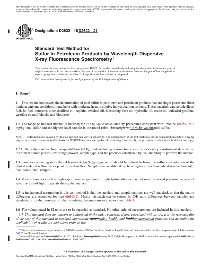 REDLINE ASTM D2622-21 - Standard Test Method for  Sulfur in Petroleum Products by Wavelength Dispersive X-ray   Fluorescence Spectrometry