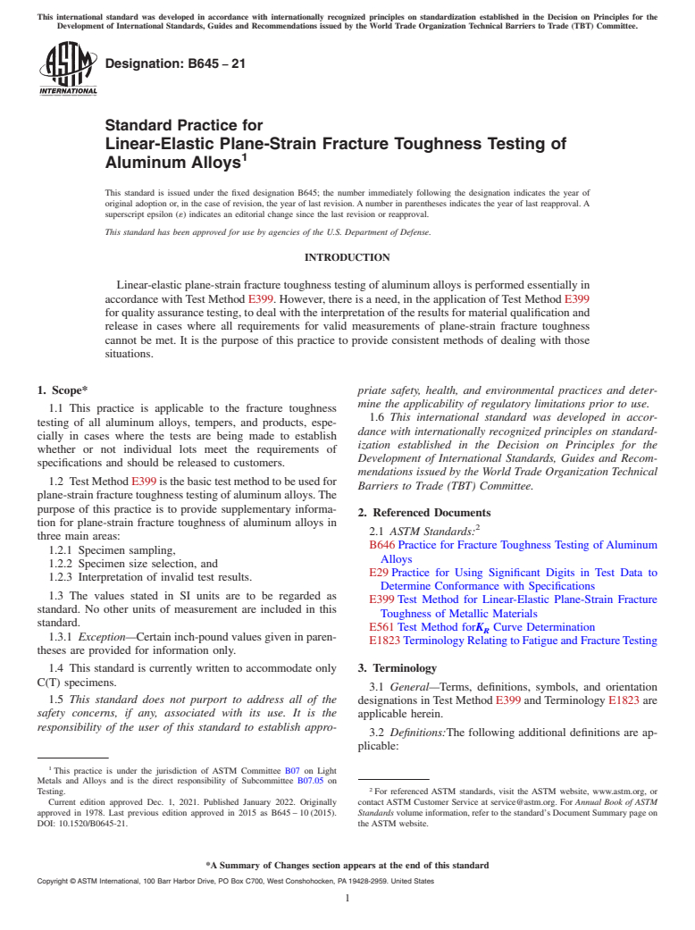 ASTM B645-21 - Standard Practice for  Linear-Elastic Plane-Strain Fracture Toughness Testing of Aluminum  Alloys