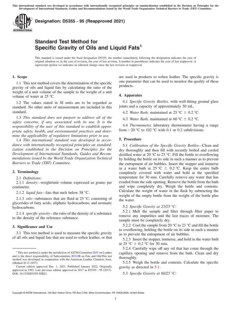 ASTM D5355-95(2021) - Standard Test Method for  Specific Gravity of Oils and Liquid Fats