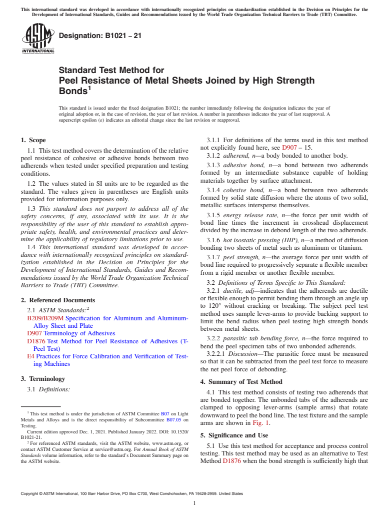 ASTM B1021-21 - Standard Test Method for Peel Resistance of Metal Sheets Joined by High Strength Bonds
