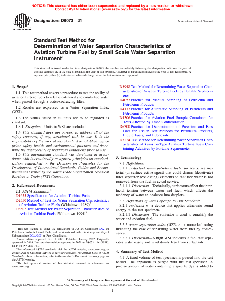 ASTM D8073-21 - Standard Test Method for Determination of Water Separation Characteristics of Aviation  Turbine Fuel by Small Scale Water Separation Instrument