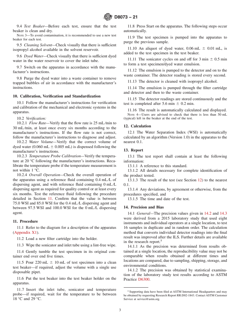 ASTM D8073-21 - Standard Test Method for Determination of Water Separation Characteristics of Aviation  Turbine Fuel by Small Scale Water Separation Instrument