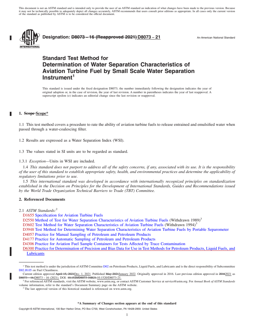 REDLINE ASTM D8073-21 - Standard Test Method for Determination of Water Separation Characteristics of Aviation  Turbine Fuel by Small Scale Water Separation Instrument