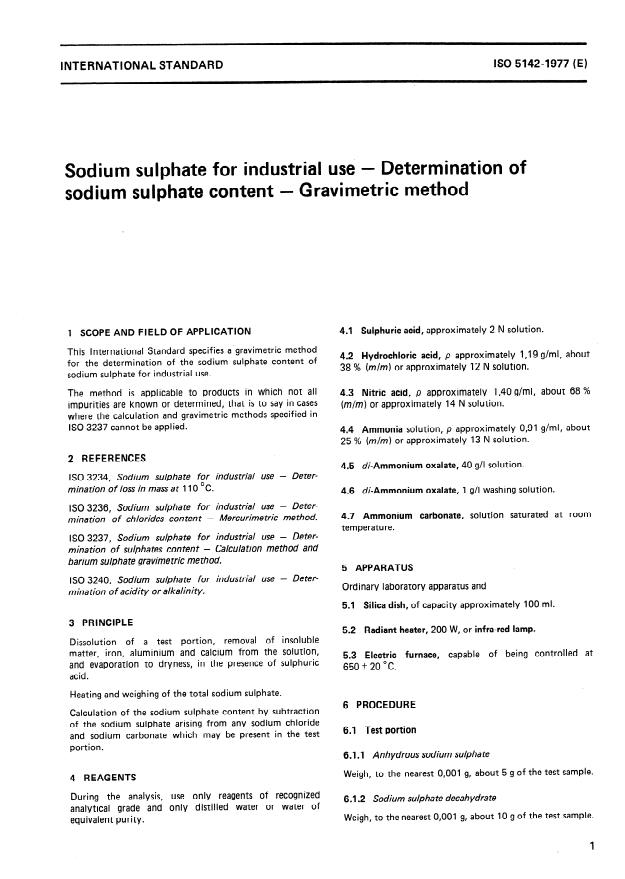 ISO 5142:1977 - Sodium sulphate for industrial use -- Determination of sodium sulphate content -- Gravimetric method