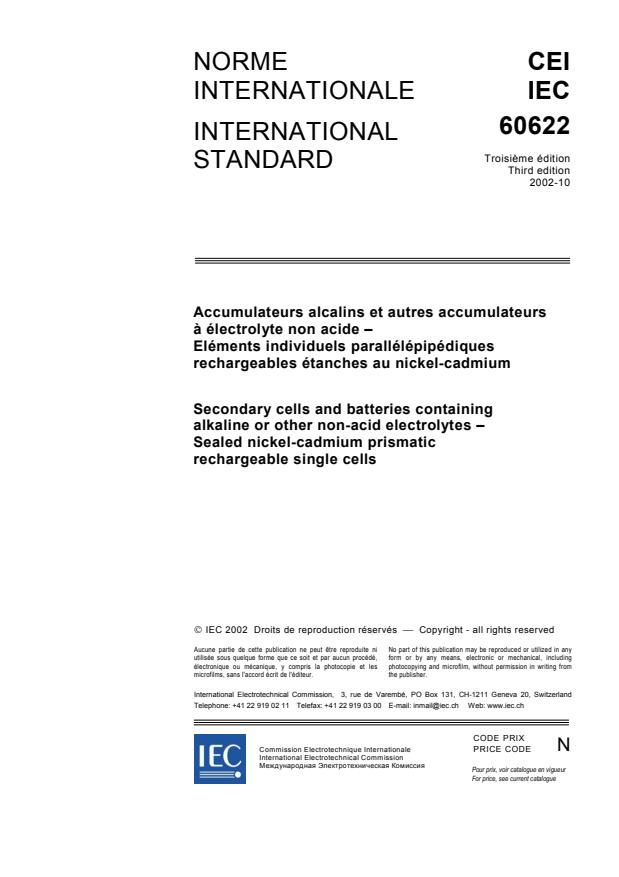 IEC 60622:2002 - Secondary cells and batteries containing alkaline or other non-acid electrolytes - Sealed nickel-cadmium prismatic rechargeable single cells