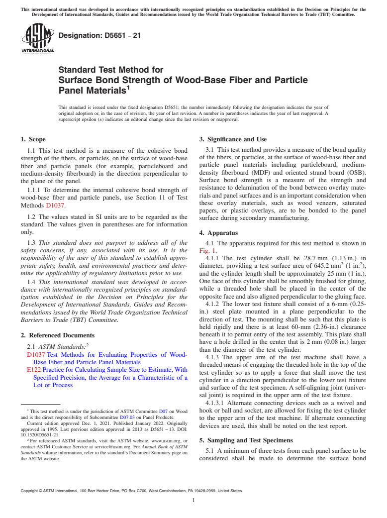 ASTM D5651-21 - Standard Test Method for  Surface Bond Strength of Wood-Base Fiber and Particle Panel  Materials