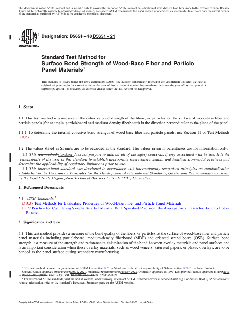 REDLINE ASTM D5651-21 - Standard Test Method for  Surface Bond Strength of Wood-Base Fiber and Particle Panel  Materials