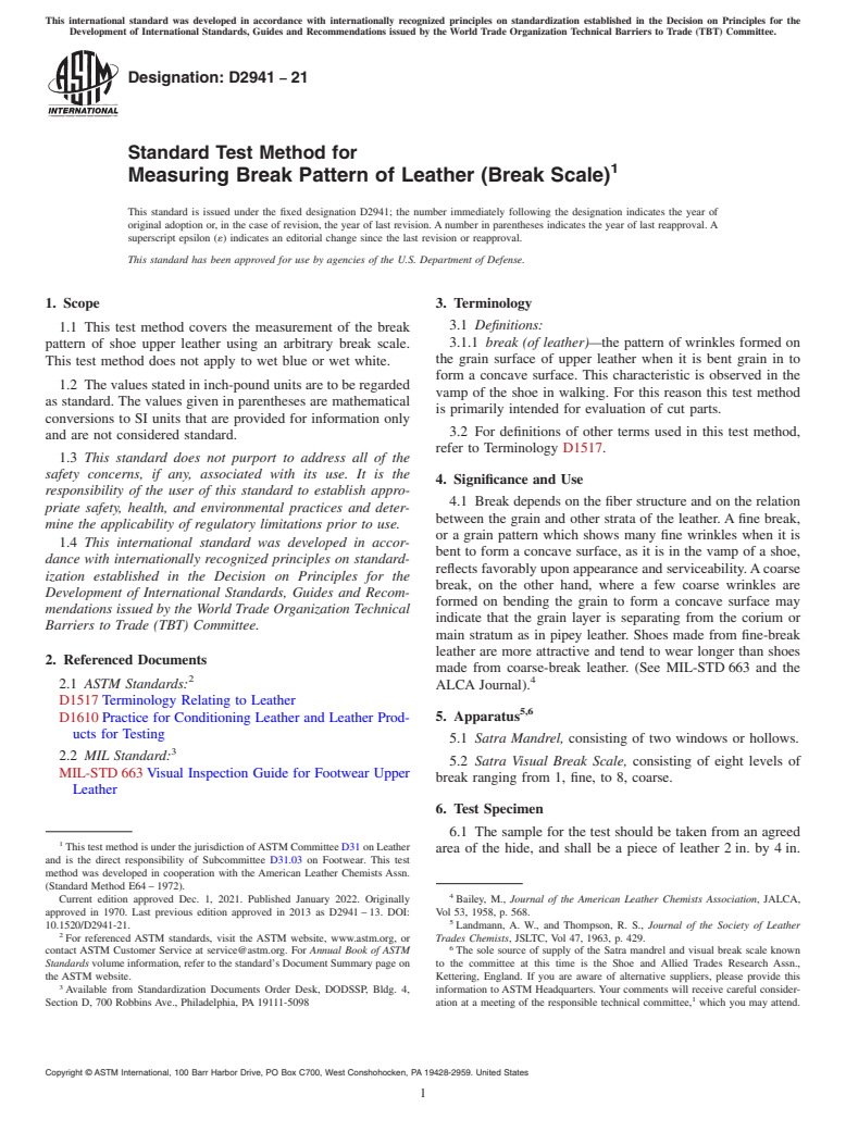 ASTM D2941-21 - Standard Test Method for  Measuring Break Pattern of Leather (Break Scale)