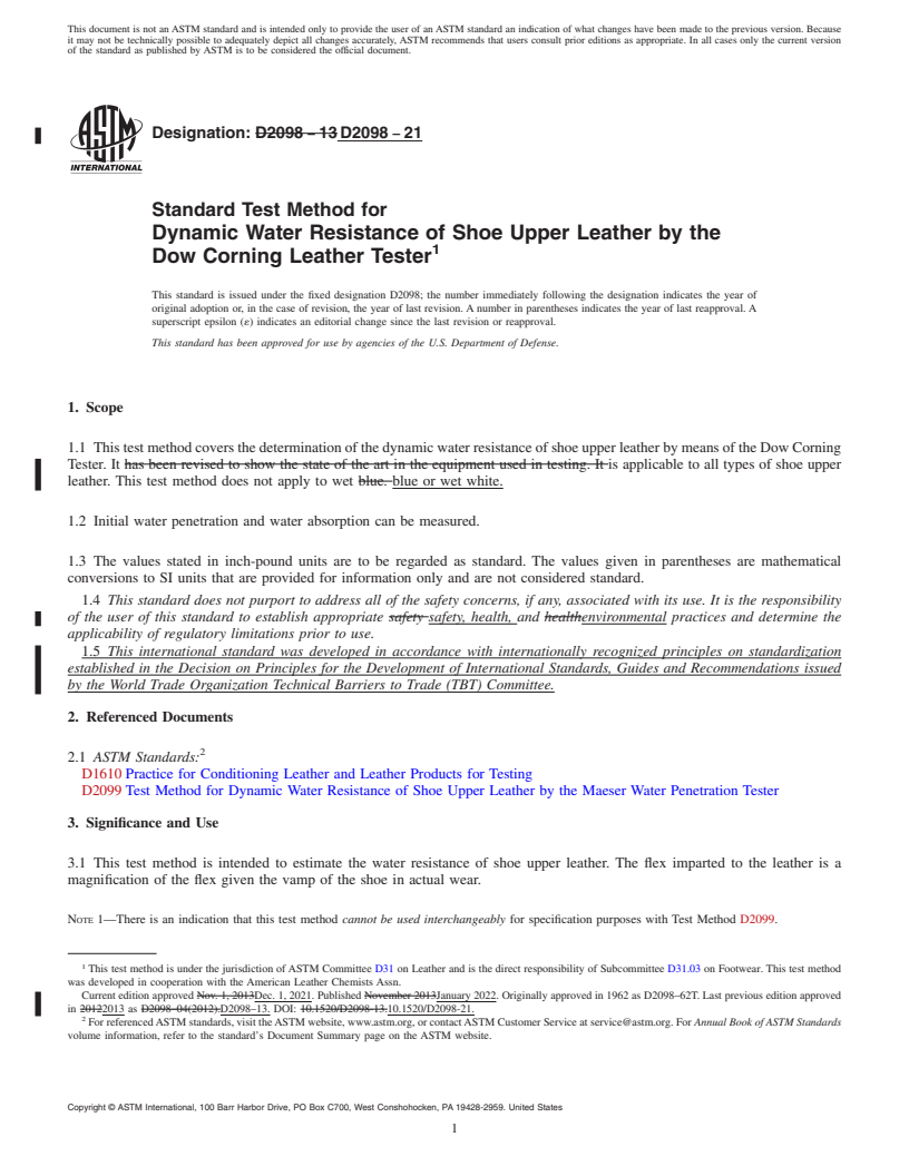 REDLINE ASTM D2098-21 - Standard Test Method for  Dynamic Water Resistance of Shoe Upper Leather by the Dow Corning  Leather Tester