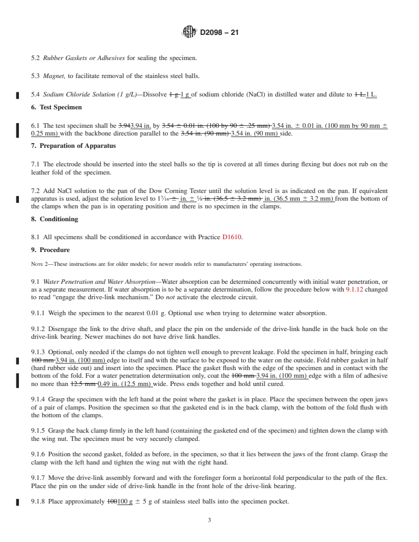 REDLINE ASTM D2098-21 - Standard Test Method for  Dynamic Water Resistance of Shoe Upper Leather by the Dow Corning  Leather Tester