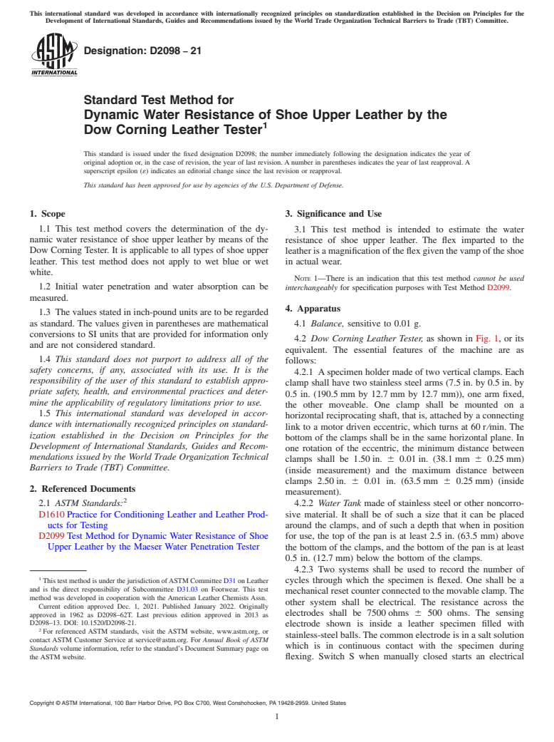 ASTM D2098-21 - Standard Test Method for  Dynamic Water Resistance of Shoe Upper Leather by the Dow Corning  Leather Tester