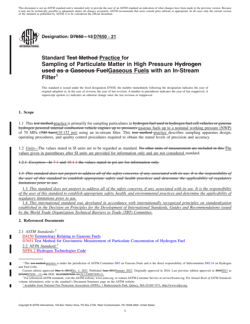 REDLINE ASTM D7650-21 - Standard Practice for   Sampling of Particulate Matter in High Pressure Gaseous Fuels  with an In-Stream Filter