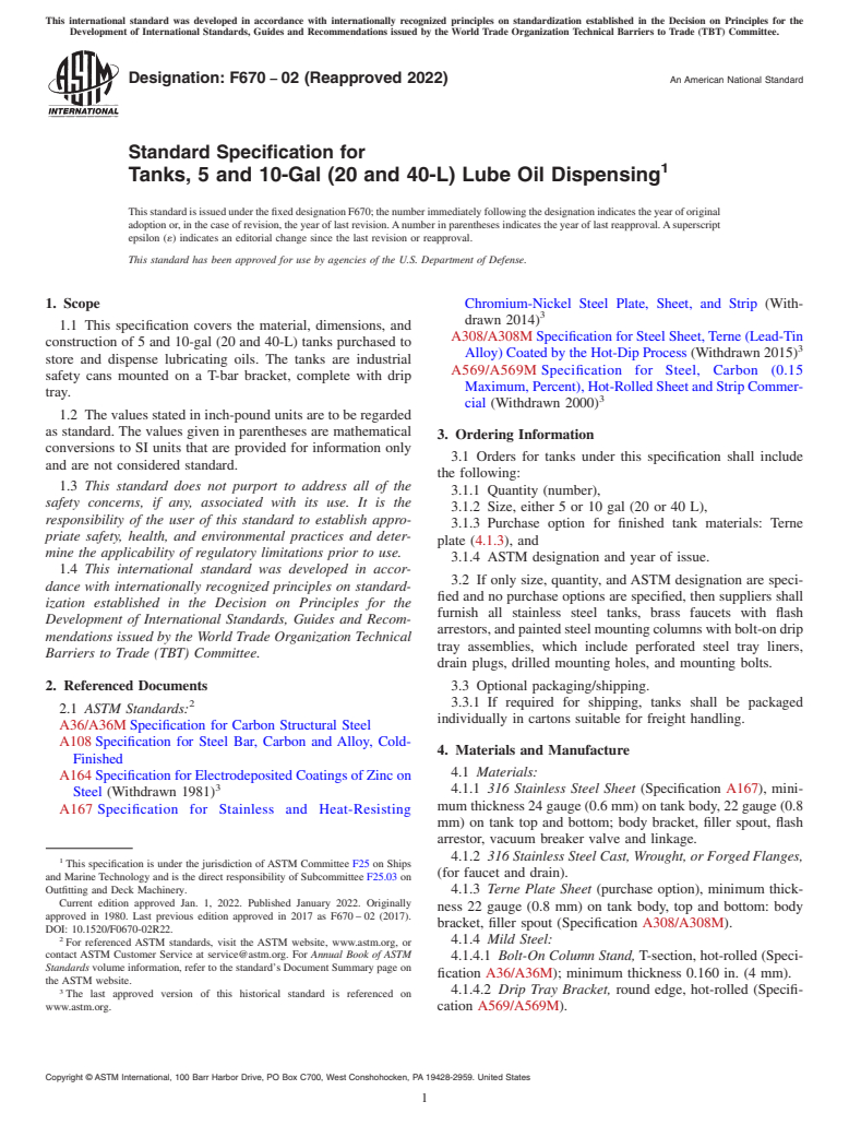 ASTM F670-02(2022) - Standard Specification for  Tanks, 5 and 10-Gal (20 and 40-L) Lube Oil Dispensing