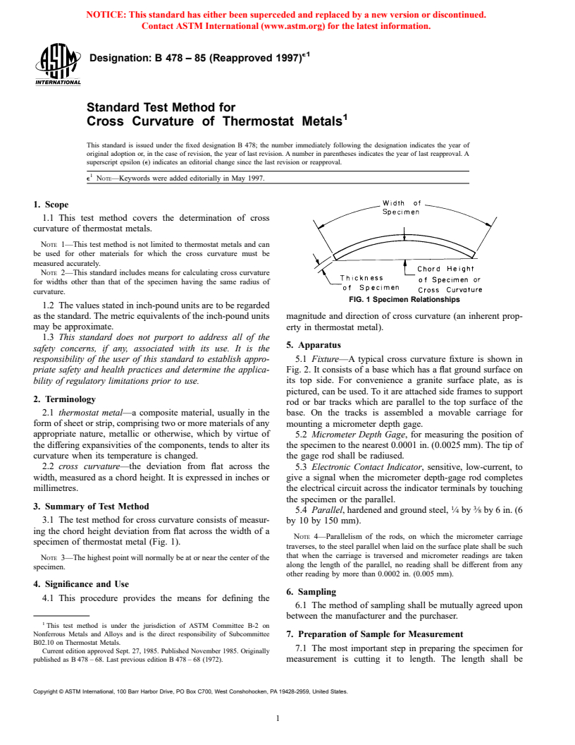 ASTM B478-85(1997)e1 - Standard Test Method for Cross Curvature of Thermostat Metals