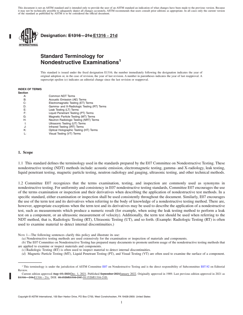 REDLINE ASTM E1316-21d - Standard Terminology for  Nondestructive Examinations