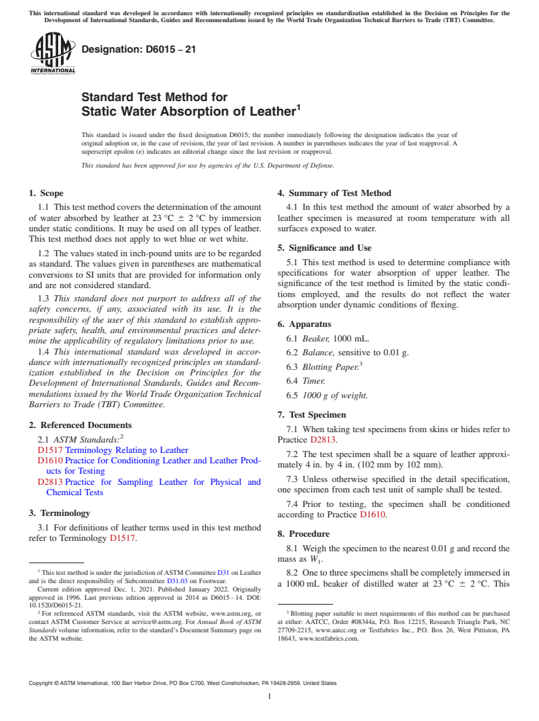 ASTM D6015-21 - Standard Test Method for  Static Water Absorption of Leather