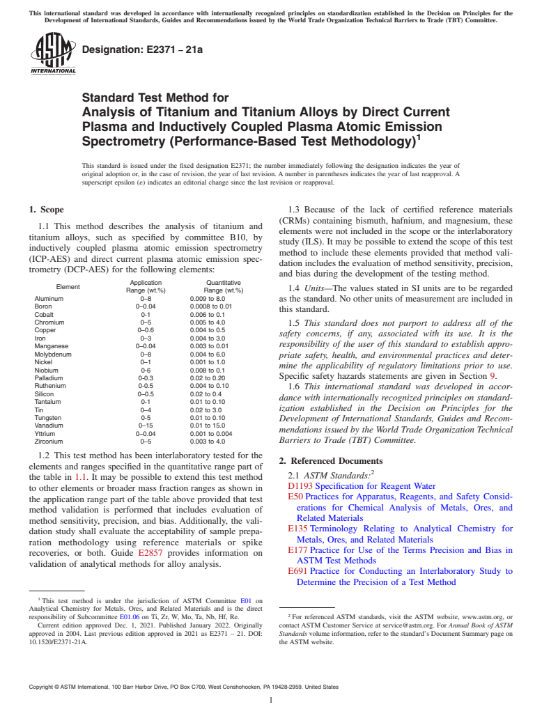 ASTM E2371-21a - Standard Test Method for  Analysis of Titanium and Titanium Alloys by Direct Current  Plasma and Inductively Coupled Plasma Atomic Emission Spectrometry  (Performance-Based Test Methodology)