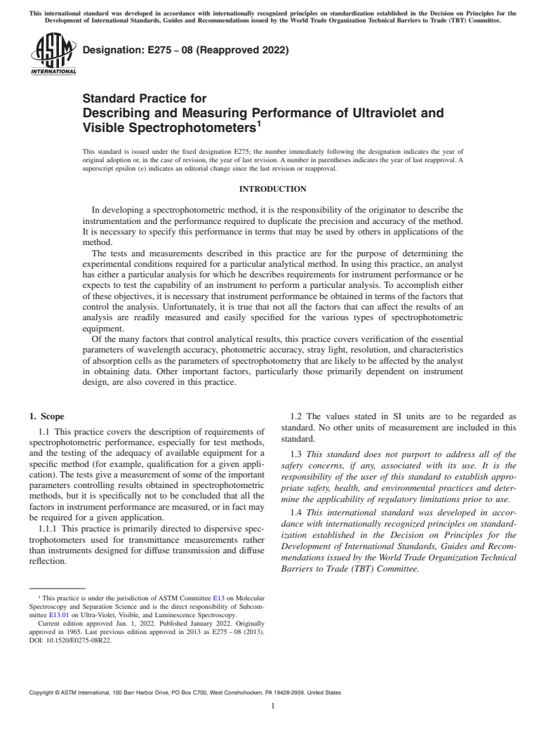 ASTM E275-08(2022) - Standard Practice for Describing and Measuring Performance of Ultraviolet and Visible  Spectrophotometers