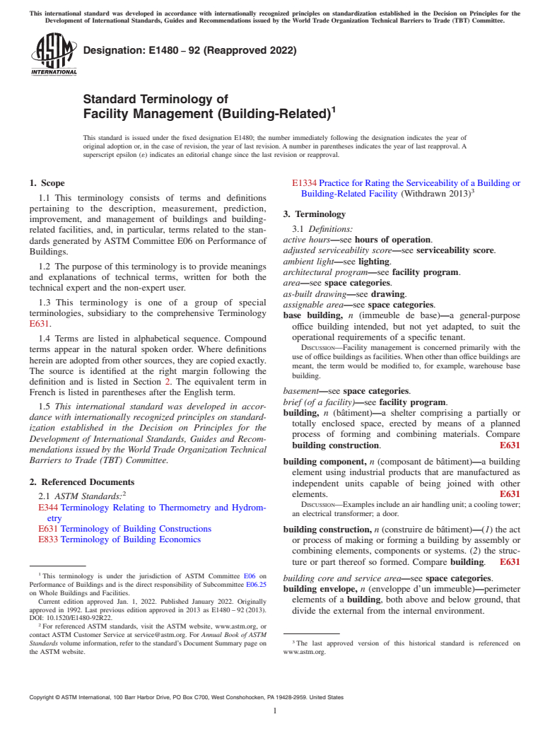 ASTM E1480-92(2022) - Standard Terminology of Facility Management (Building-Related)