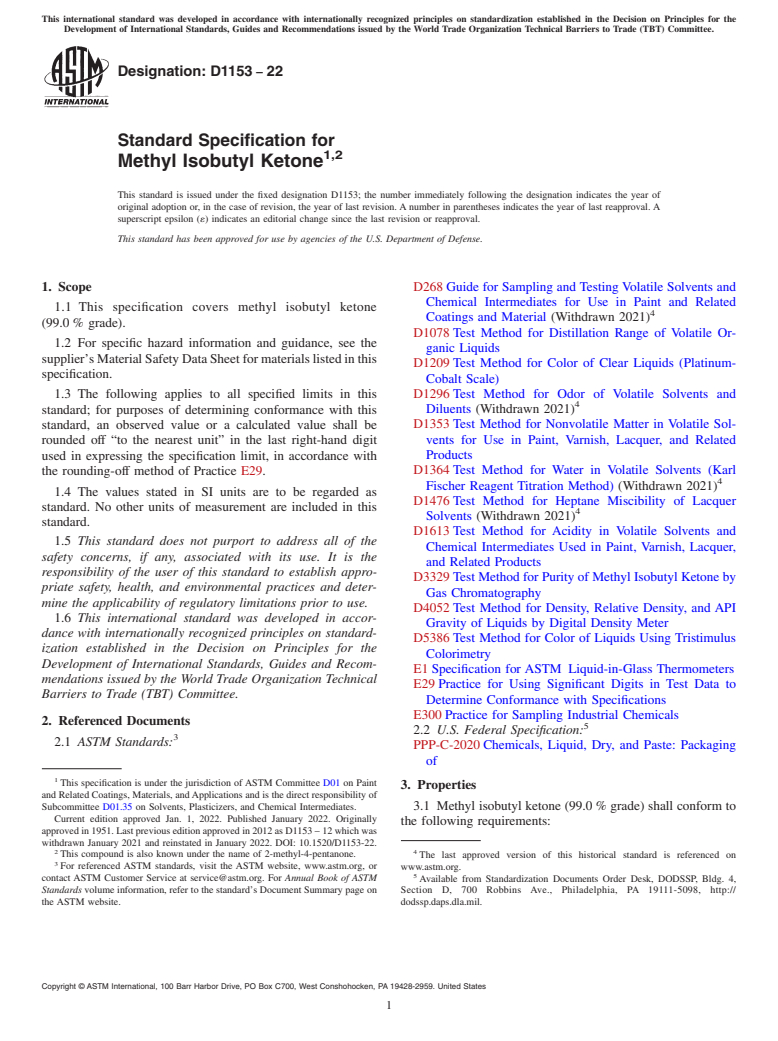 ASTM D1153-22 - Standard Specification for Methyl Isobutyl Ketone