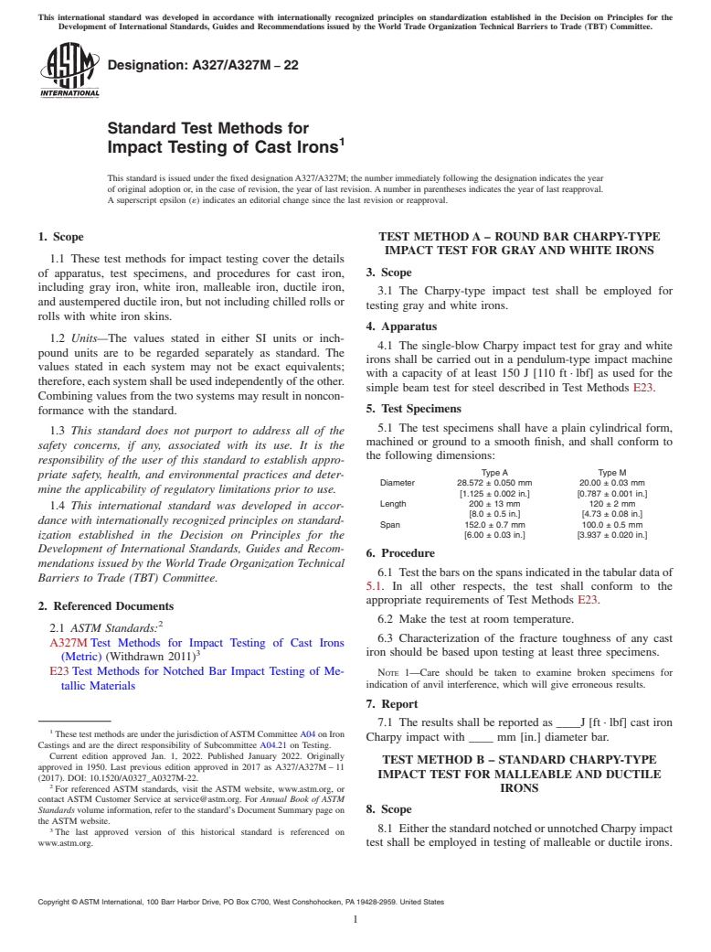 ASTM A327/A327M-22 - Standard Test Methods for  Impact Testing of Cast Irons