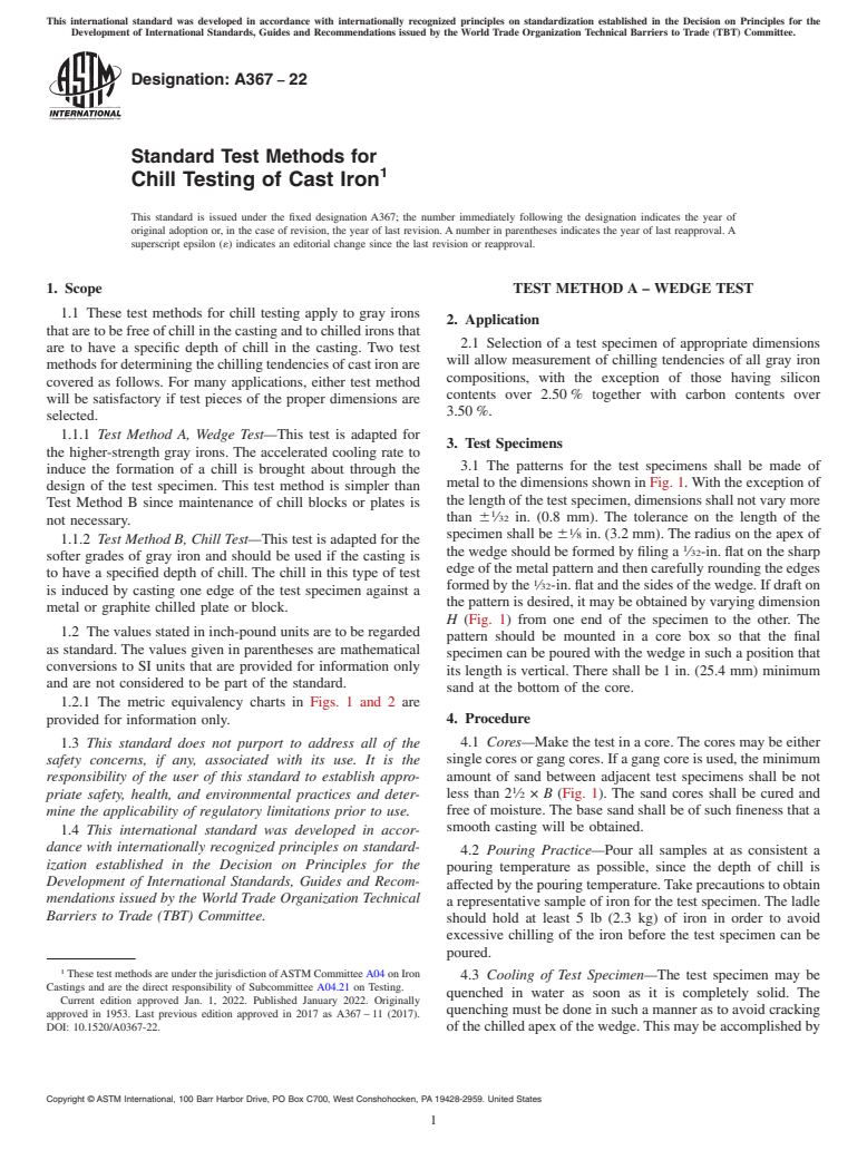 ASTM A367-22 - Standard Test Methods for Chill Testing of Cast Iron