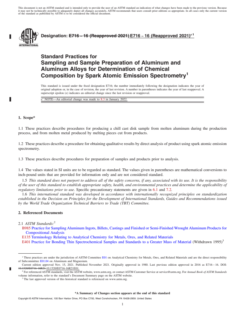 REDLINE ASTM E716-16(2021)e1 - Standard Practices for  Sampling and Sample Preparation of Aluminum and Aluminum Alloys  for Determination of Chemical Composition by Spark Atomic Emission  Spectrometry