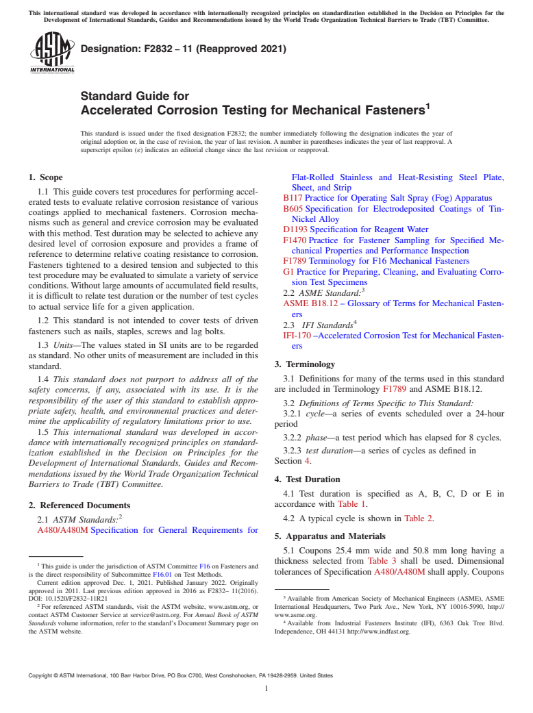 ASTM F2832-11(2021) - Standard Guide for  Accelerated Corrosion Testing for Mechanical Fasteners