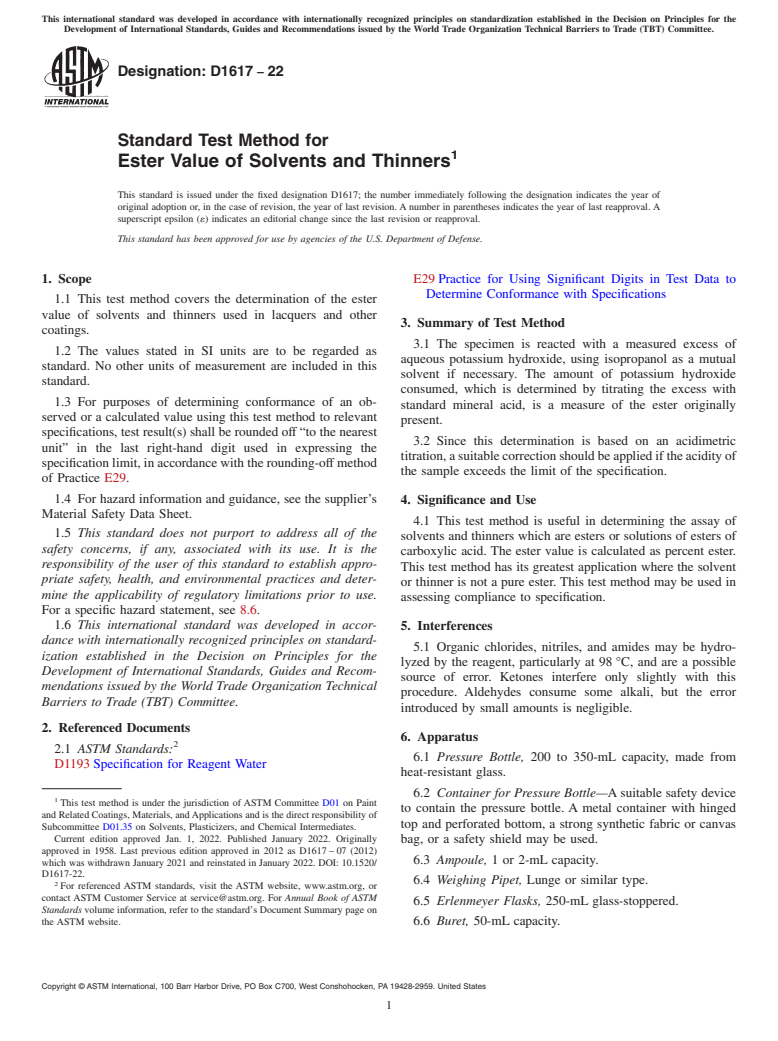 ASTM D1617-22 - Standard Test Method for Ester Value of Solvents and Thinners