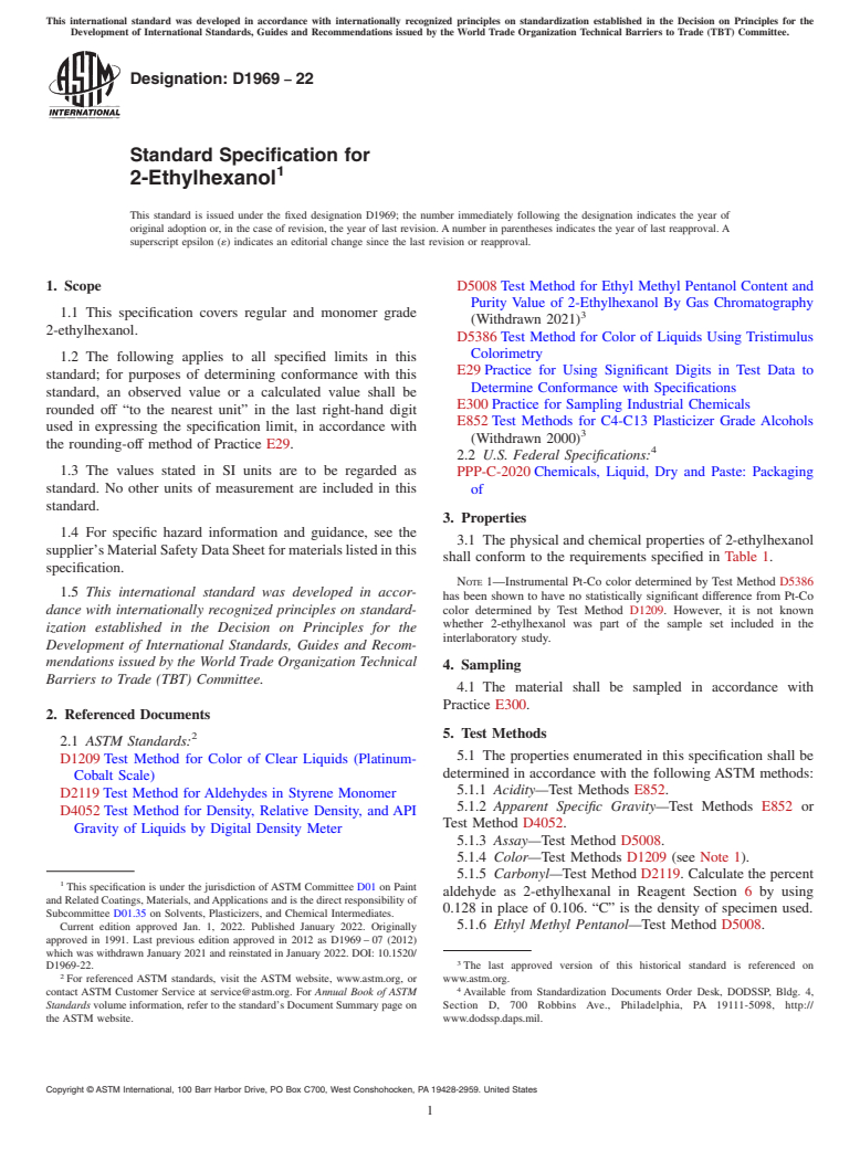 ASTM D1969-22 - Standard Specification for  2-Ethylhexanol