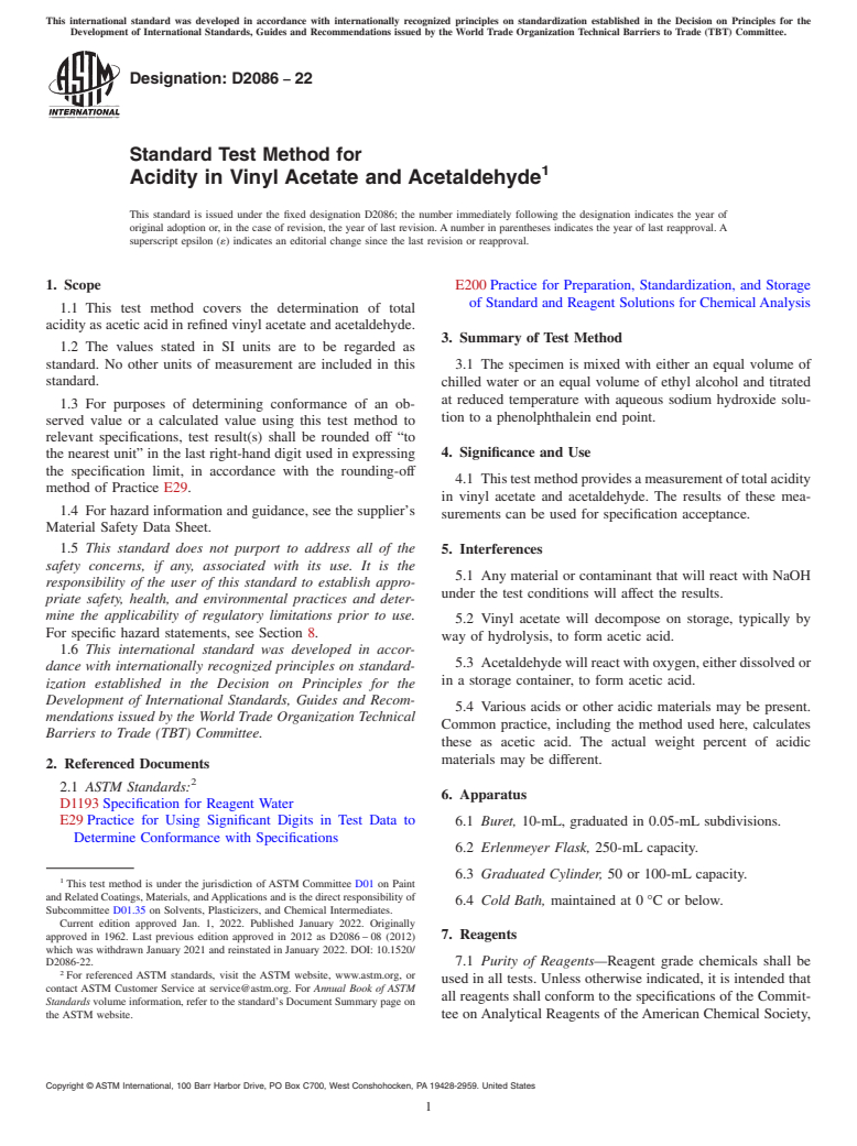 ASTM D2086-22 - Standard Test Method for  Acidity in Vinyl Acetate and Acetaldehyde