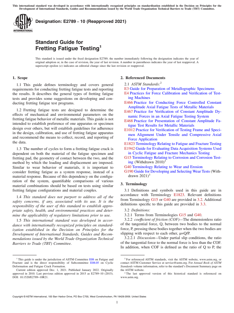 ASTM E2789-10(2021) - Standard Guide for  Fretting Fatigue Testing