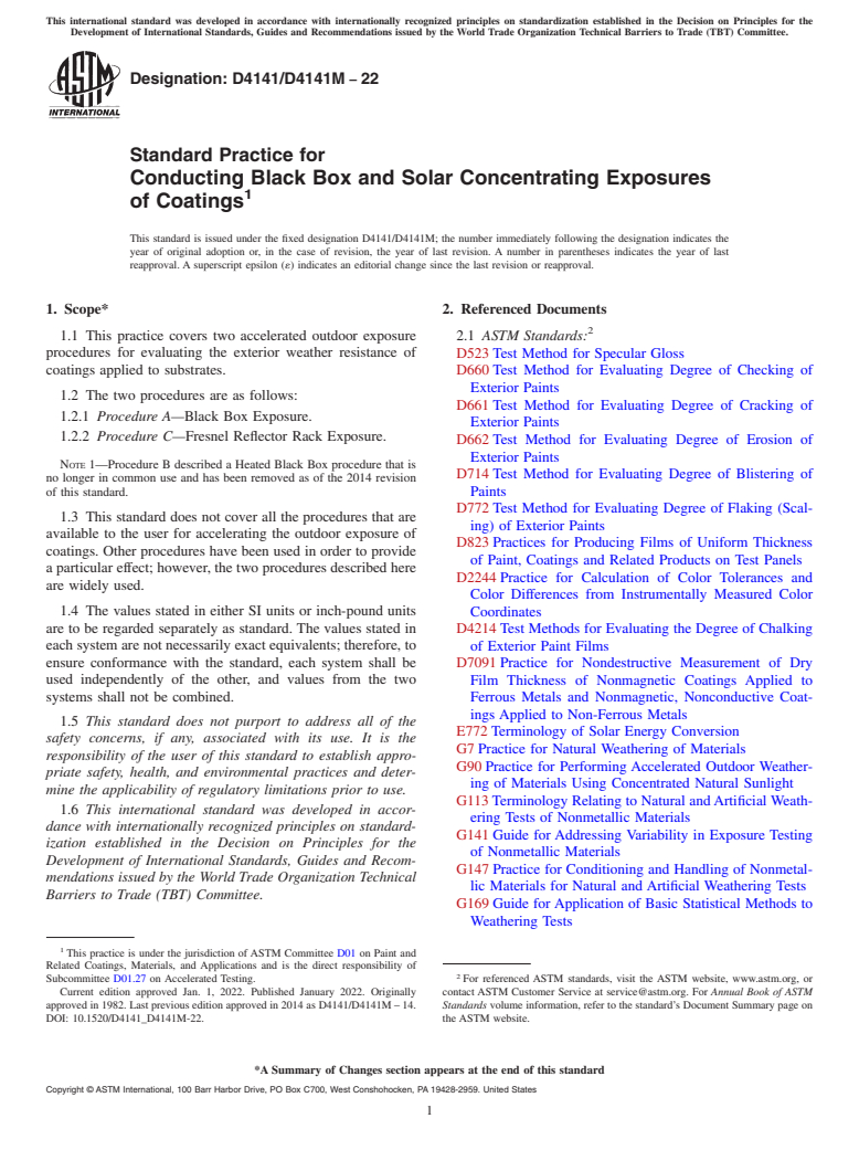 ASTM D4141/D4141M-22 - Standard Practice for Conducting Black Box and Solar Concentrating Exposures of Coatings