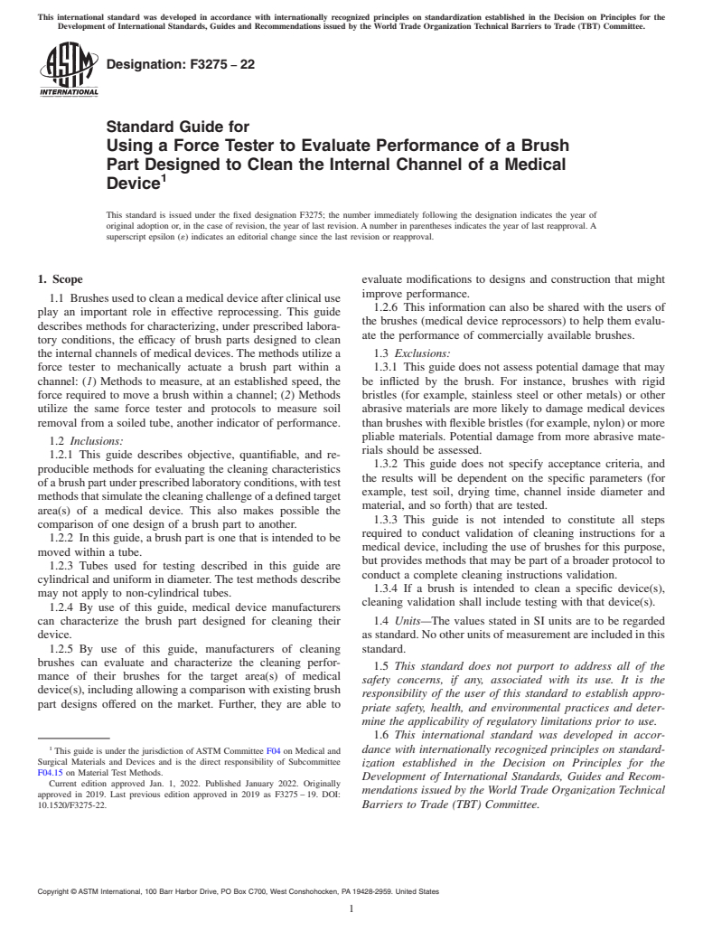 ASTM F3275-22 - Standard Guide for Using a Force Tester to Evaluate Performance of a Brush Part  Designed to Clean the Internal Channel of a Medical Device