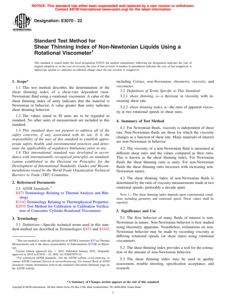 ASTM E3070-22 - Standard Test Method for Shear Thinning Index of Non-Newtonian Liquids Using a Rotational  Viscometer
