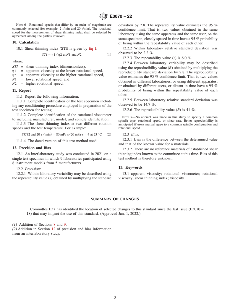 ASTM E3070-22 - Standard Test Method for Shear Thinning Index of Non-Newtonian Liquids Using a Rotational  Viscometer