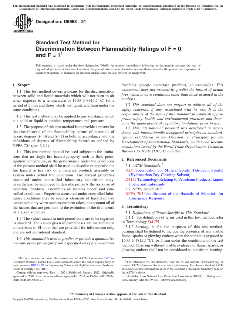 ASTM D6668-21 - Standard Test Method for  Discrimination Between Flammability Ratings of F = 0 <brk  />and  F = 1