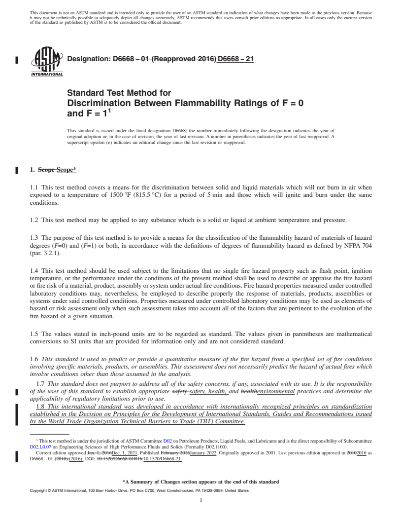 REDLINE ASTM D6668-21 - Standard Test Method for  Discrimination Between Flammability Ratings of F = 0 <brk  />and  F = 1