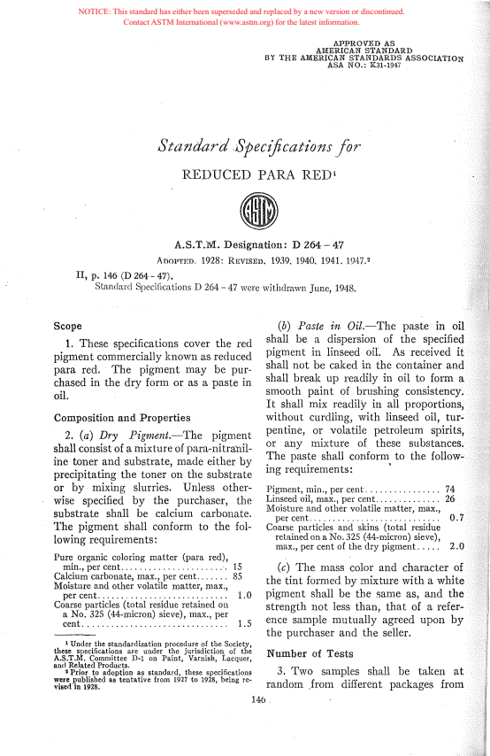 ASTM D264-47 - Specification for Pure Para Red Toner (Withdrawn 1948)