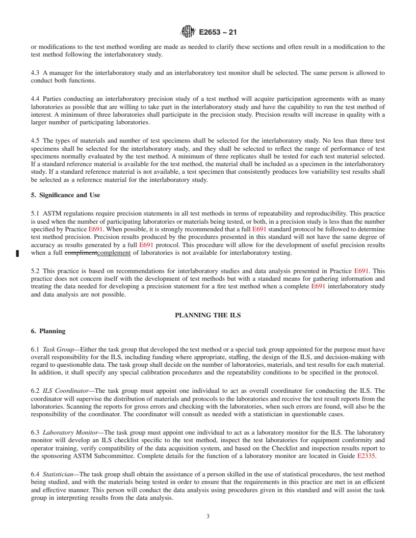 REDLINE ASTM E2653-21 - Standard Practice for  Conducting an Interlaboratory Study to Determine Precision  Estimates for a Fire Test Method with Fewer Than Six Participating  Laboratories