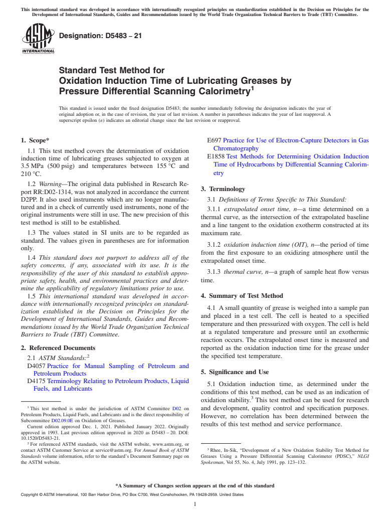 ASTM D5483-21 - Standard Test Method for  Oxidation Induction Time of Lubricating Greases by Pressure   Differential Scanning Calorimetry