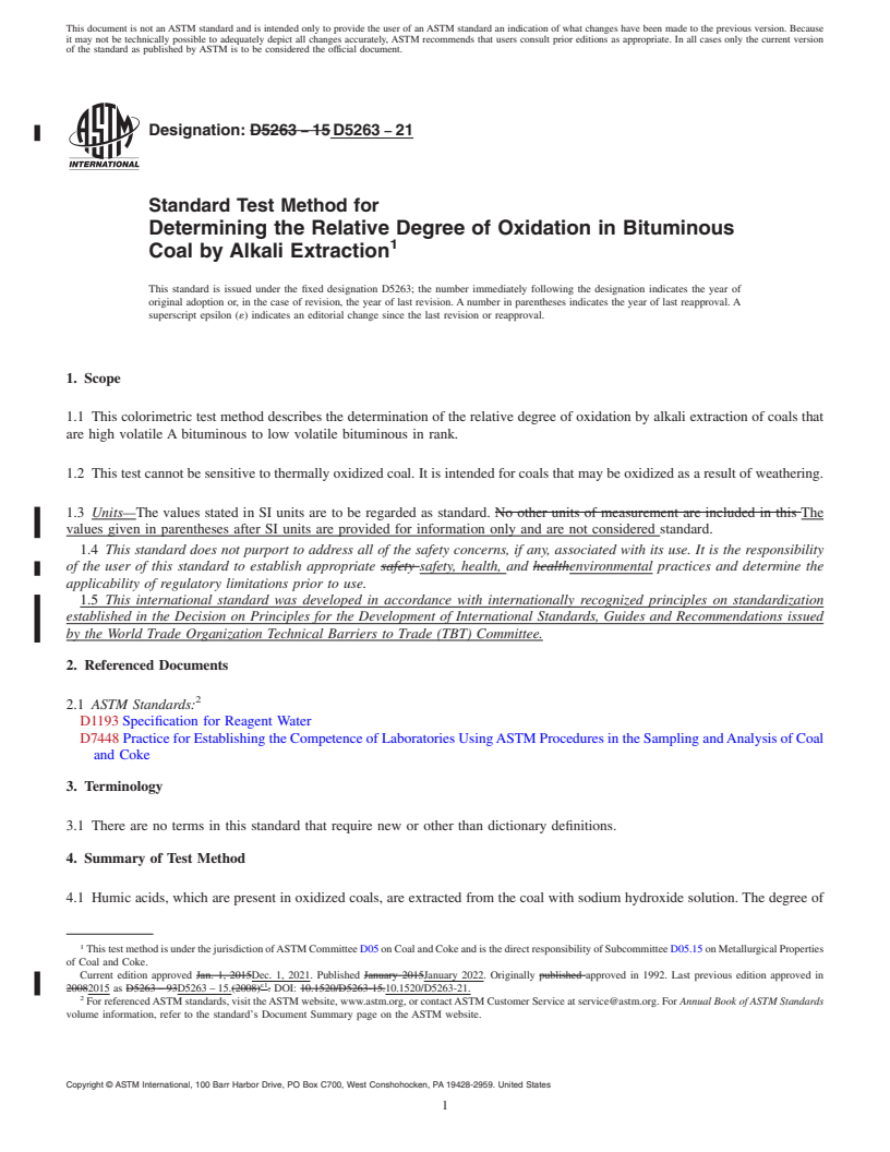 REDLINE ASTM D5263-21 - Standard Test Method for  Determining the Relative Degree of Oxidation in Bituminous  Coal by Alkali Extraction