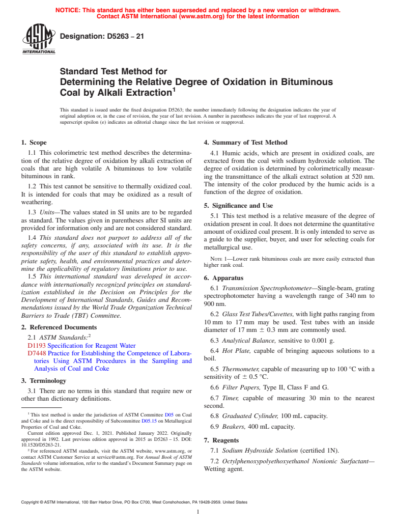 ASTM D5263-21 - Standard Test Method for  Determining the Relative Degree of Oxidation in Bituminous  Coal by Alkali Extraction