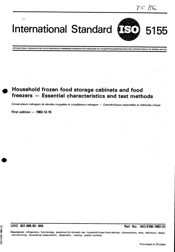 ISO 5155:1983 - Household frozen food storage cabinets and food freezers -- Essential characteristics and test methods